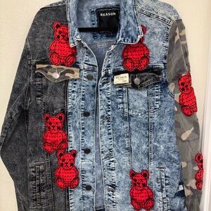 Reason NY New York Distressed Denim Jacket Camo Bears Size Men L